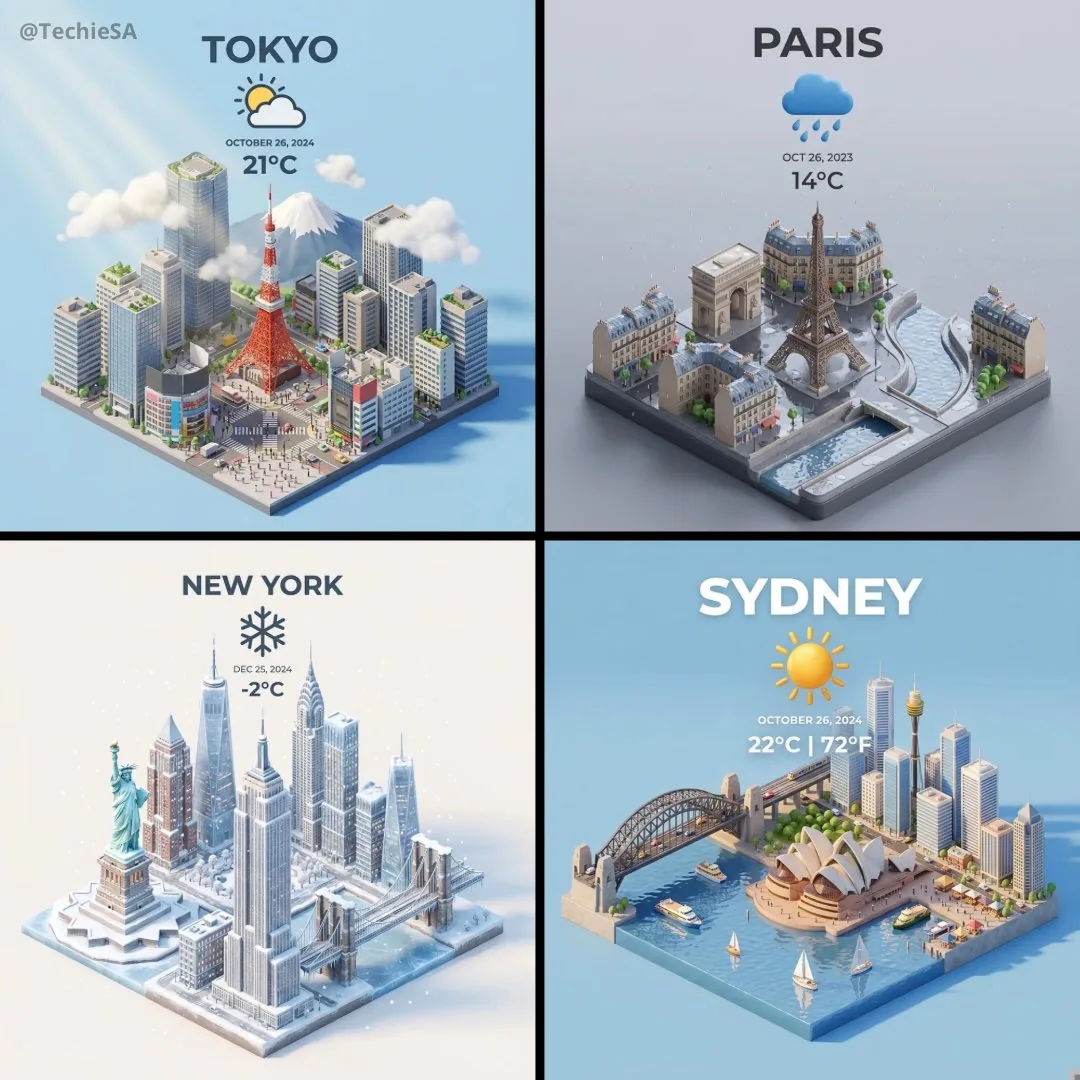 3D Render of Global Cities: Weather & Famous Landmarks