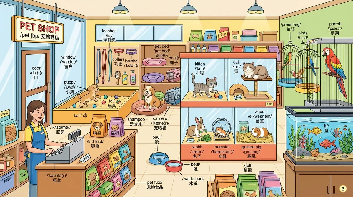 Cheerful Pet Shop Cartoon Illustration: Animals & Assistant