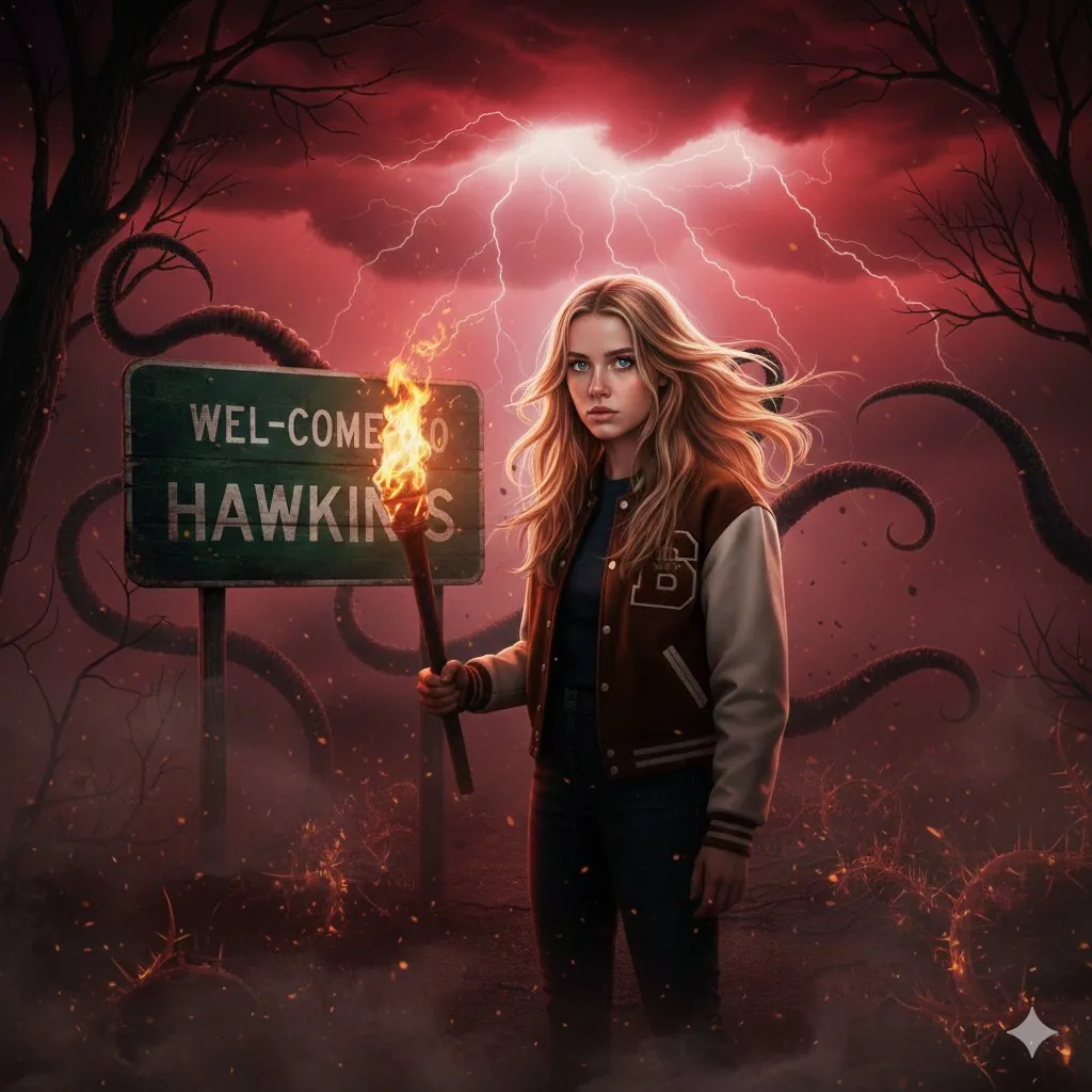 Cinematic Fantasy Art: Woman with Torch at Hawkins Sign