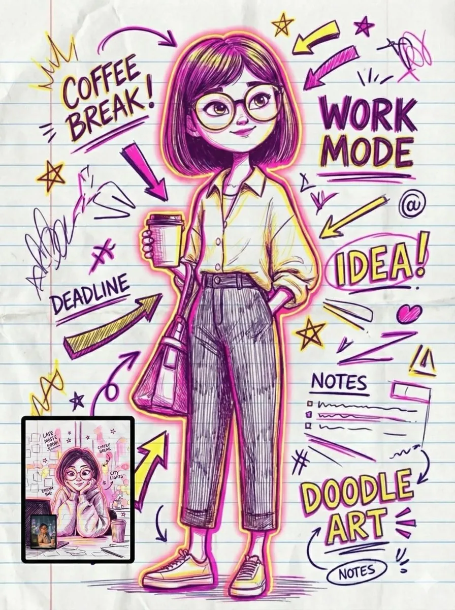 Doodle Art Work Mode: Young Woman Illustration, Coffee Break