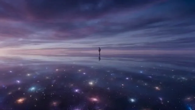 Lone Traveler on a Glass Ocean under Twilight