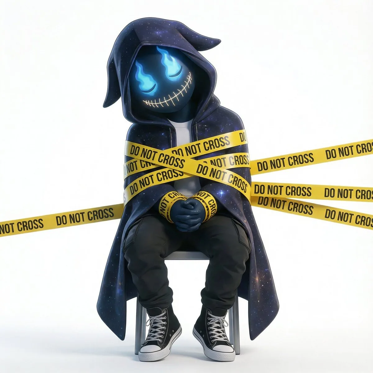 Mysterious Hooded Character Bound by Caution Tape 3D Art