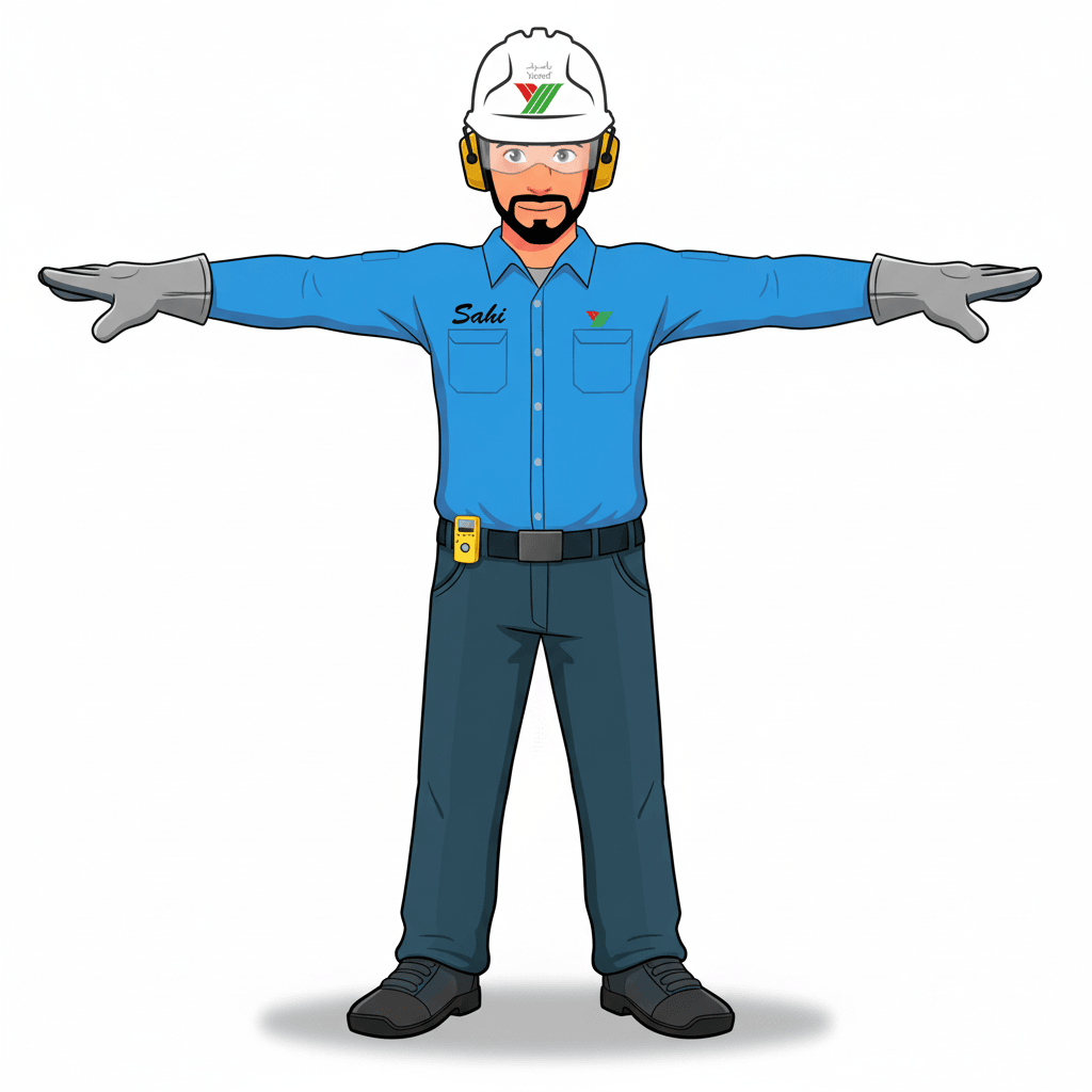 A stylized cartoon male industrial worker who serves as a friendly, professional safety mascot. He has clean, simple shapes, expressive features, and bright colors typical of modern cartoon characters. His face includes a short, neat beard and a confident, positive smile that reflects reliability and strong safety culture.

He wears a white safety helmet with the YASREF logo on the front. Over the helmet are yellow earmuff-style hearing protectors. His uniform is a blue long‑sleeve button-up work shirt with the character’s name “SAHI” embroidered on the chest. Above the left pocket is the YASREF logo, matching the real uniform layout. He wears dark industrial work trousers and sturdy black safety boots. His gloves are grey and slightly padded, fitting the cartoon style.

Attached to his belt is a yellow gas detector, not a walkie‑talkie. It should be small, rectangular, and clearly identifiable as a gas detection device, reinforcing his role in safety and hazard awareness.

The character should match the proportions, colors, and accessories shown in the reference image, always in a stylized cartoon aesthetic with clean lines, simple shading, and smooth, animation‑friendly shapes.

Generate the character in a T‑pose, with arms extended horizontally, palms facing down, legs straight, and posture neutral. The pose should be symmetrical and centered, suitable for rigging and animation.