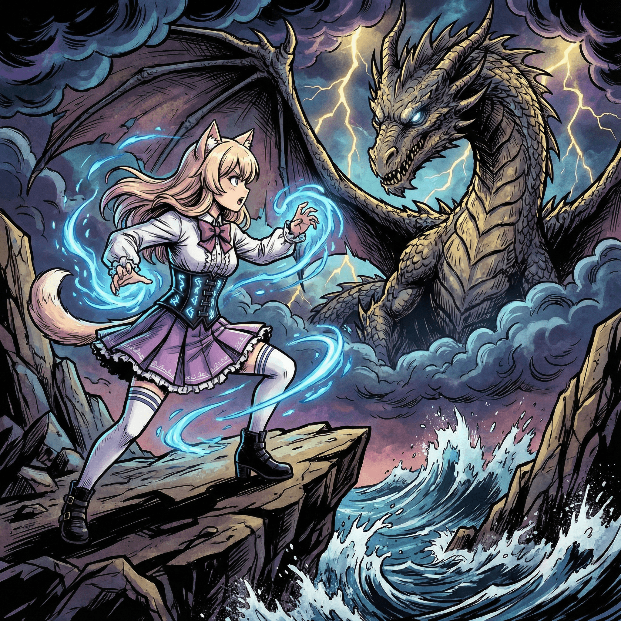 creamy stands on a rocky cliff, facing a giant dragon emerging from swirling clouds. She is ready for battle, with magical energy swirling around her and her corset glowing with runes. The landscape is dramatic, with jagged rocks, crashing waves below, and a stormy sky filled with lightning. The composition is bold and cinematic, with strong contrasts and dynamic poses, in American comic book style.