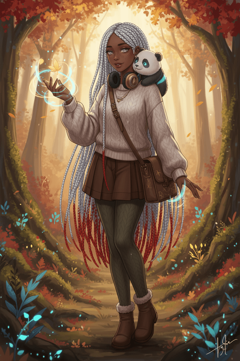 shy celestial animal hybrid girl with ears, panda companion, autumn outfit, dark skin tone, white knotless box braids with pink ends, freckles, magical aura, anime style, silver eyes, headphones around the neck, satchel,”