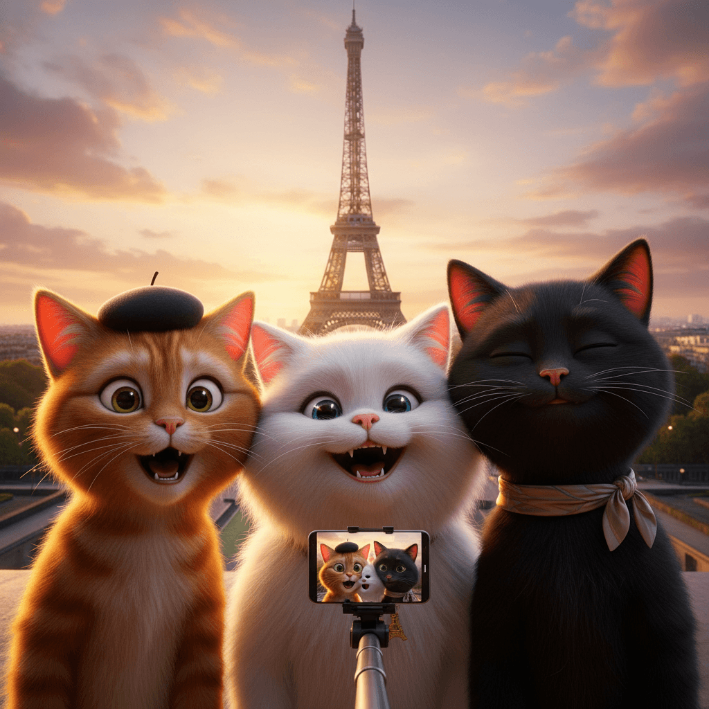 A close-up selfie of three cat with different expressions in front of the iconic Eiffel Tower, taken at golden hour with cinematic lighting. The animals are positioned close to the camera with their heads touching, mimicking a selfie pose, showing joyful, surprised, and calm expressions. The background features the full architectural detail of [landmark], softly illuminated, with a warm ambient atmosphere. Shot in a photographic, realistic cartoon style, high detail, 1:1 aspect ratio.