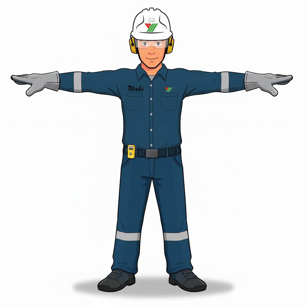 A stylized cartoon male industrial worker who serves as a friendly, professional safety mascot. He has clean, simple shapes, expressive features, and bright colors typical of modern cartoon characters. His face includes a short, neat black beard and a confident, positive smile that reflects reliability and strong safety culture. His hair (where visible) should also be black.

He wears a white safety helmet with the YASREF logo on the front. Over the helmet are yellow earmuff-style hearing protectors. His gloves are grey and slightly padded, fitting the cartoon style.

Clothing:  
He is wearing a dark blue industrial coverall. The coverall includes reflective stripes placed as follows:

Arms: one reflective stripe on each arm, located below the elbow and near the wrist

Legs: one reflective stripe on each leg, located below the knee

The coverall should still include the character’s name “WAHI” embroidered on the chest in lighter-colored text for visibility against the dark fabric. The YASREF logo should appear above the left chest pocket, matching the real uniform layout.

Attached to his belt is a yellow gas detector (not a walkie‑talkie). It should be small, rectangular, and clearly identifiable as a gas detection device, reinforcing his role in safety and hazard awareness.

The character should match the proportions, colors, and accessories shown in the reference image, always in a stylized cartoon aesthetic with clean lines, simple shading, and smooth, animation‑friendly shapes.

Generate the character in a T‑pose, with arms extended horizontally, palms facing down, legs straight, and posture neutral. The pose should be symmetrical and centered, suitable for rigging and animation.
