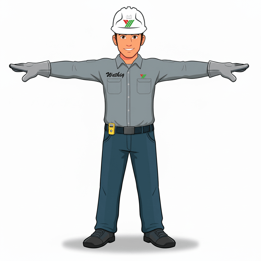 A stylized cartoon male industrial worker who serves as a friendly, professional safety mascot. He has clean, simple shapes, expressive features, and bright colors typical of modern cartoon characters. His face is clean‑shaven, with no beard, and he has a confident, positive smile that reflects reliability and strong safety culture.

He wears a white safety helmet with the YASREF logo on the front. He is not wearing earmuffs or any hearing protection.

His uniform is a grey long‑sleeve button‑up work shirt with the character’s name “WATHIQ” embroidered on the chest. Above the left pocket is the YASREF logo, matching the real uniform layout. He wears dark industrial work trousers and sturdy black safety boots. His gloves are grey and slightly padded, fitting the cartoon style.

Attached to his belt is a yellow gas detector, not a walkie‑talkie. It should be small, rectangular, and clearly identifiable as a gas detection device, reinforcing his role in safety and hazard awareness.

The character should match the proportions, colors, and accessories shown in the reference image, always in a stylized cartoon aesthetic with clean lines, simple shading, and smooth, animation‑friendly shapes.

Generate the character in a T‑pose, with arms extended horizontally, palms facing down, legs straight, and posture neutral. The pose should be symmetrical and centered, suitable for rigging and animation.