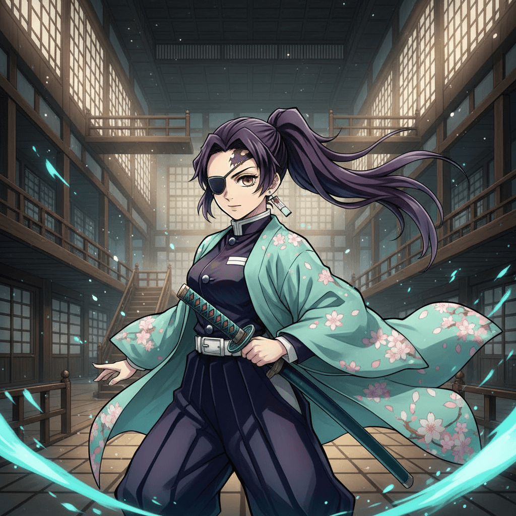 "A fierce female demon slayer stands confidently in a powerful and dynamic pose inside the grand halls of the infinity castle. Her striking appearance features a long, flowing dark purple low ponytail that sways with her movements. Adorned in the traditional demon slayer uniform, she adds a touch of elegance with a pastel teal haori embellished with delicate cherry blossoms. The eye patch covering her left eye adds an air of mystery and intrigue, befitting her demon slayer style in an anime world."