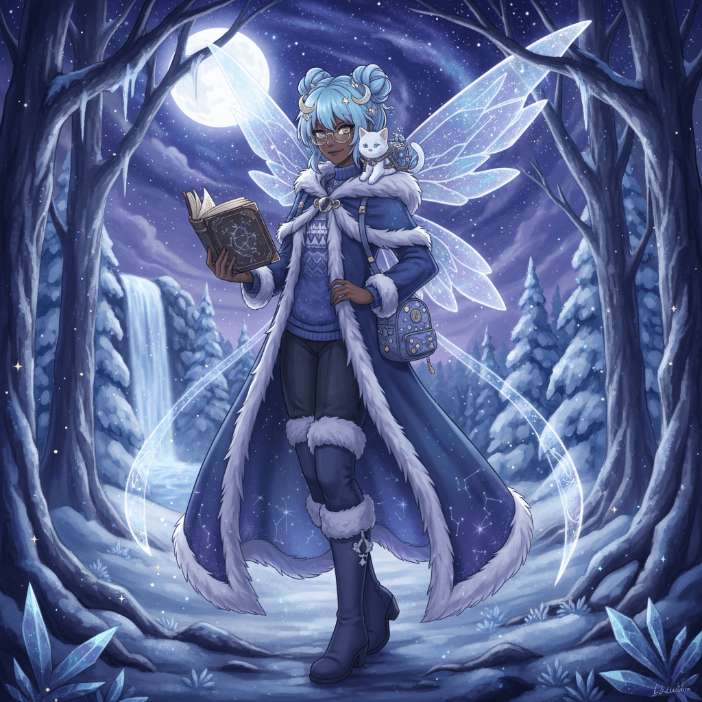 Fairy wolf hybrid, with light blue hair buns, dark skin tone, glasses, book in hand, confident and mysterious, winter clothes palette, tall and skinny, white cat companion, celestial, with wings, green eyes, mini backpack