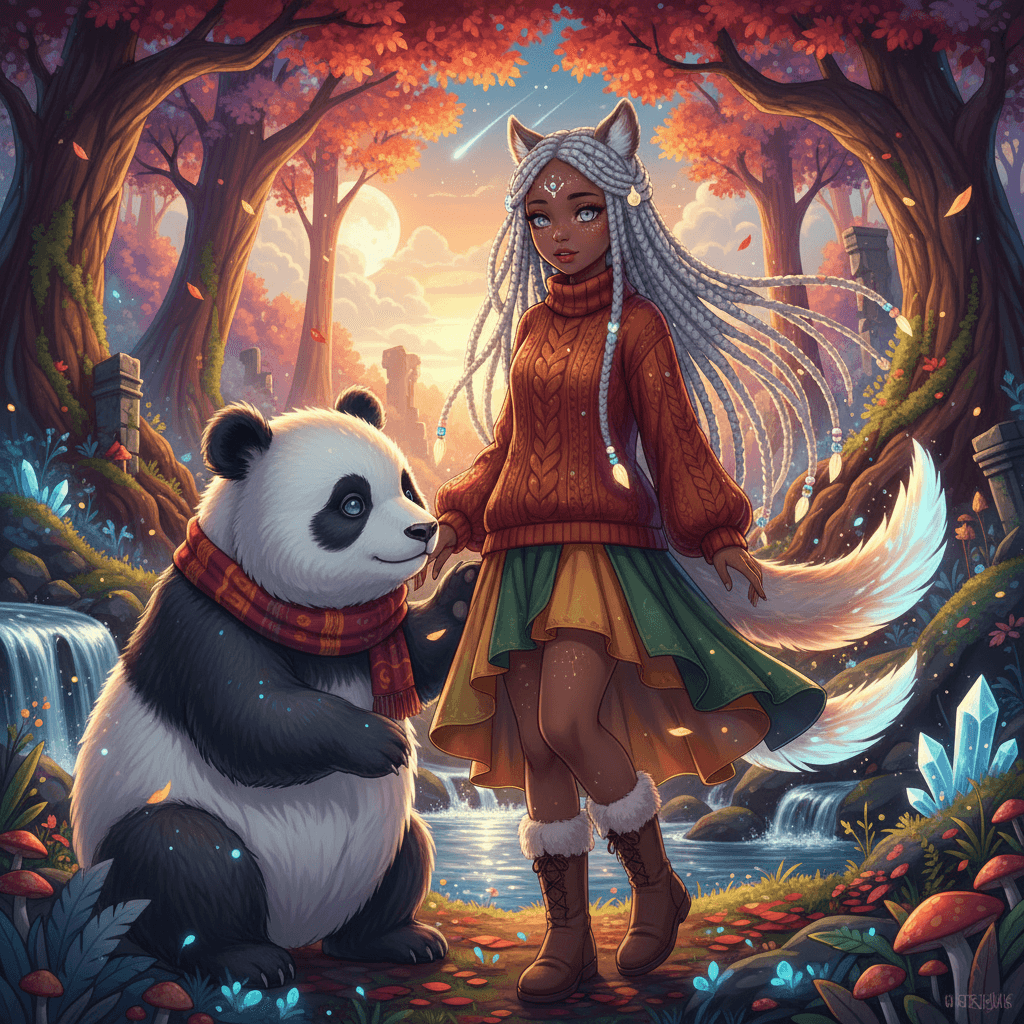 shy celestial animal hybrid girl, panda companion, autumn outfit, dark skin tone, white knotless box braids, freckles, magical aura, anime style, silver eyes"