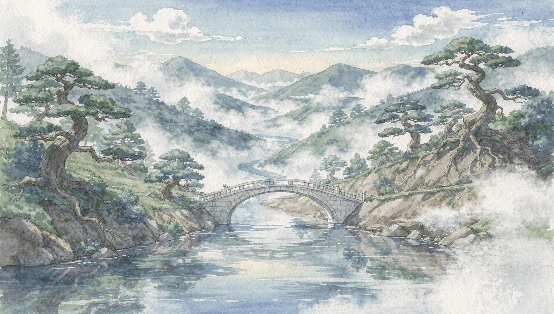 Rolling mountains shrouded in mist, a winding river flows through the valleys, an arched stone bridge crosses the water, with ancient pine trees scattered along the slopes.. watercolor anime style, soft and blended pastel colors, gentle and flowing brush strokes, dreamy and airy atmosphere, subtle gradients, delicate outlines, light and transparent textures, hand-painted look, natural and organic backgrounds, ethereal feeling