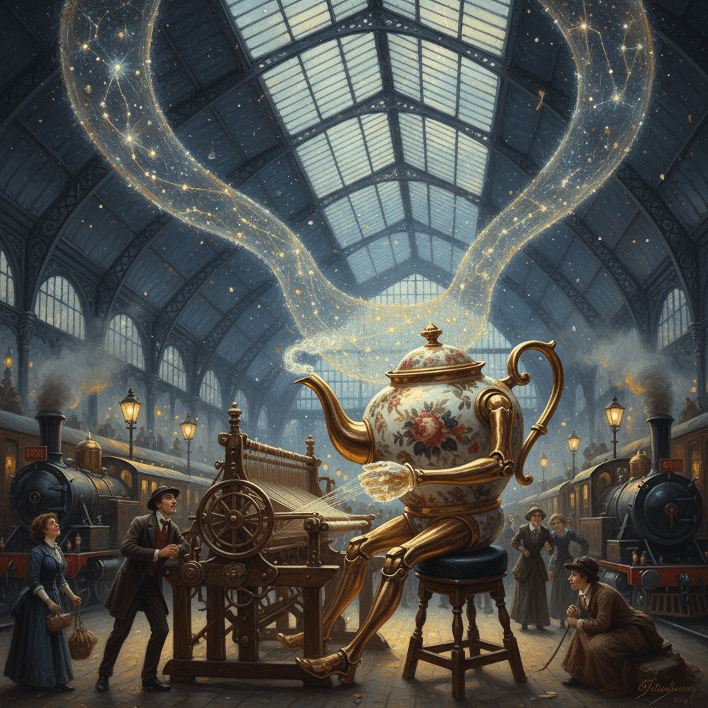 A anthropomorphic teapot weaving starlight in a Victorian train station, oil painting style, cinematic composition