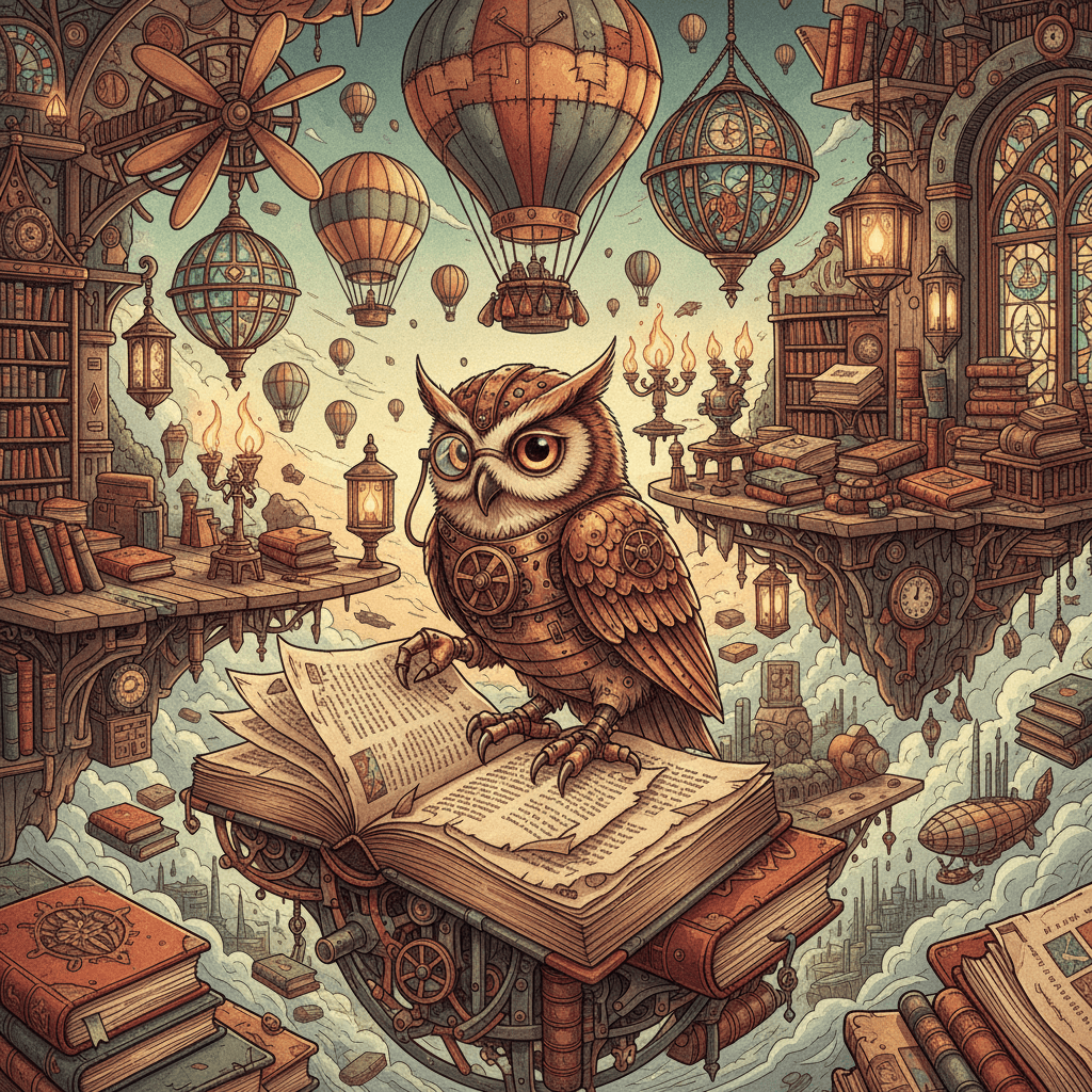 A steampunk owl reading ancient books in floating library, detailed illustration style, warm ambient light