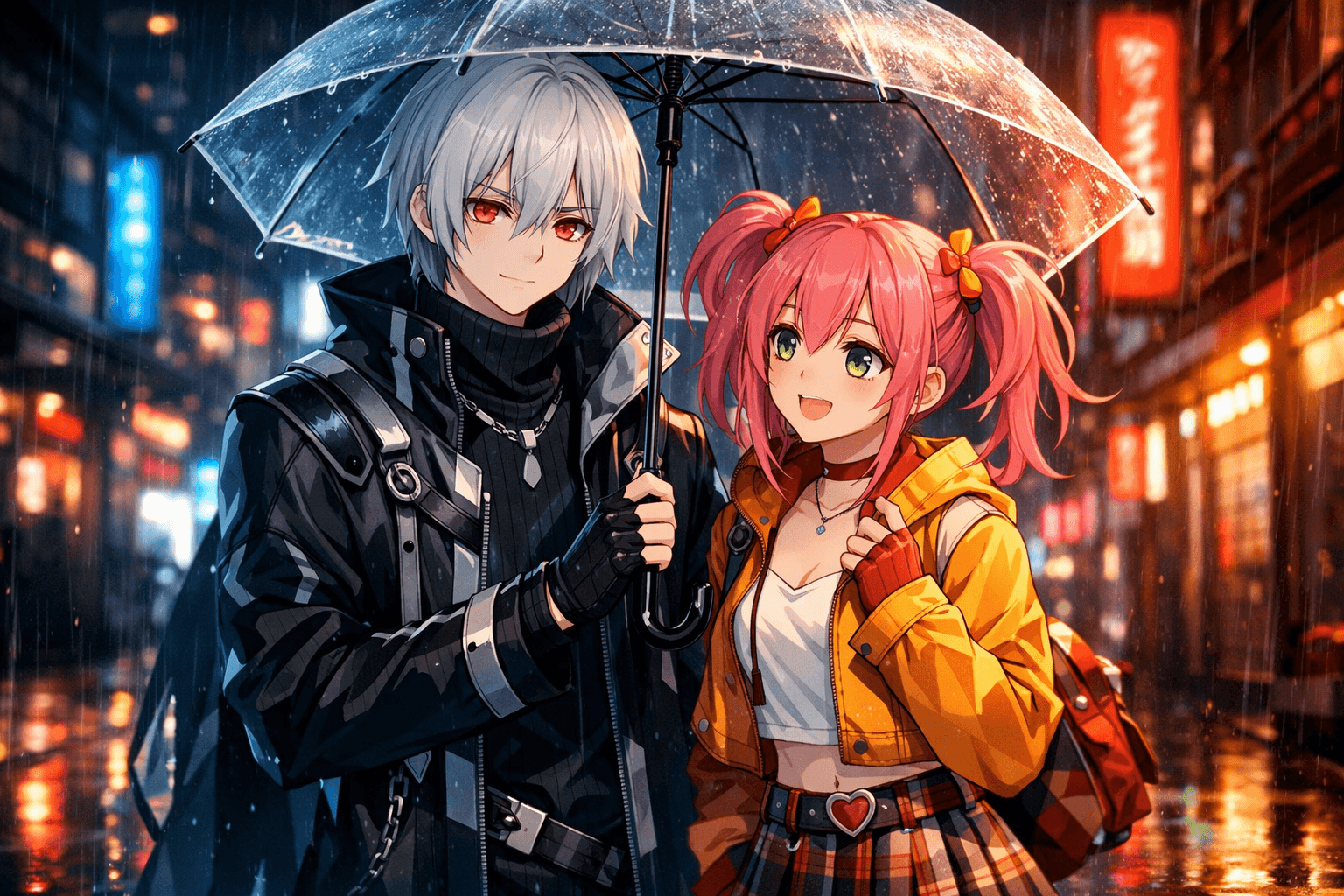 two original anime characters standing together under a transparent umbrella,

one character with a cool color scheme, silver hair and red eyes,
the other character with a warm color scheme, pink hair and green eyes,

clearly distinct character designs and outfits, strong visual contrast,
both characters in the same frame but with clearly separate identities,

rainy neon-lit street at night, modern urban setting,
cinematic atmosphere, refined and stylish mood, strong sense of storytelling.
