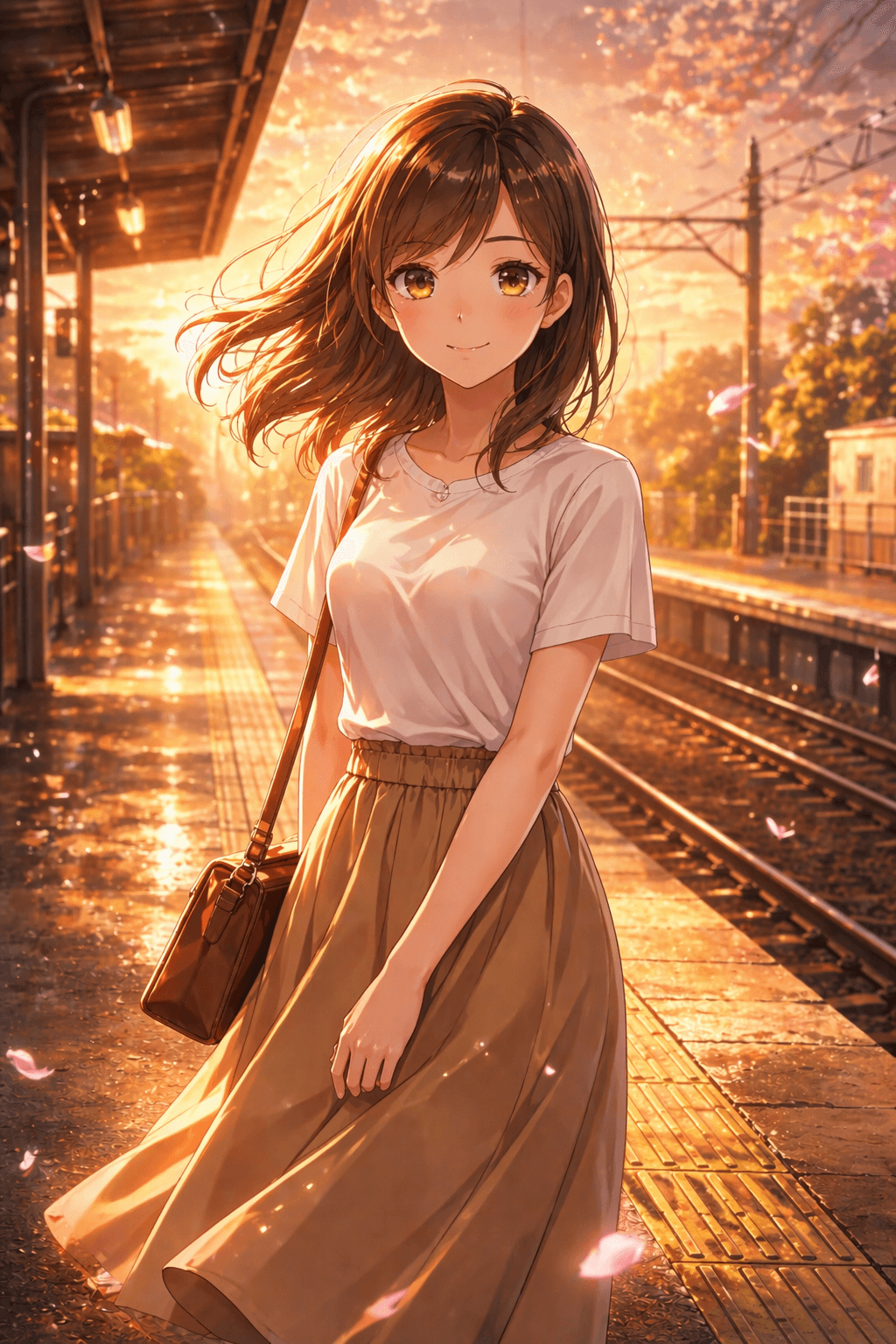 Use the provided base image as the composition and character reference. Keep the same girl, camera framing, pose direction, train platform perspective, and golden-hour foundation. Upgrade it into a polished hero artwork for a premium anime creation tool: add a refined cream-and-gold station ambience, richer cinematic rim light, more elegant hair strands and fabric detail, subtle floating petals, tasteful environmental glow, cleaner depth separation, and a more memorable storytelling mood. Preserve recognizability and overall layout while making the final image feel more premium, more atmospheric, and more production-ready. No text, no watermark, no logo.