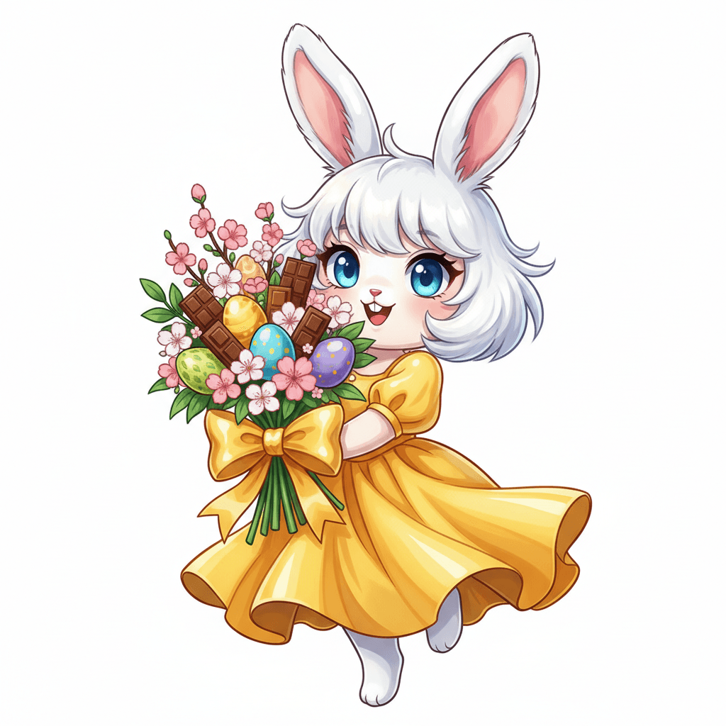 cute caricature glossyquirky Easter bunny girl holding a colorful bouquet of flowers. The hare has fluffy white fur, bright blue eyes and a broad, joyful smile, adorned with a bright yellow dress and a large, satin yellow bow tied around the bouquet. The bouquet is a festive arrangement of various Easter eggs in shades of gold, green, blue and purple, as well as chocolate bars, flowers and green plants.  Rendering in Native 4K. ,oil painting, white background