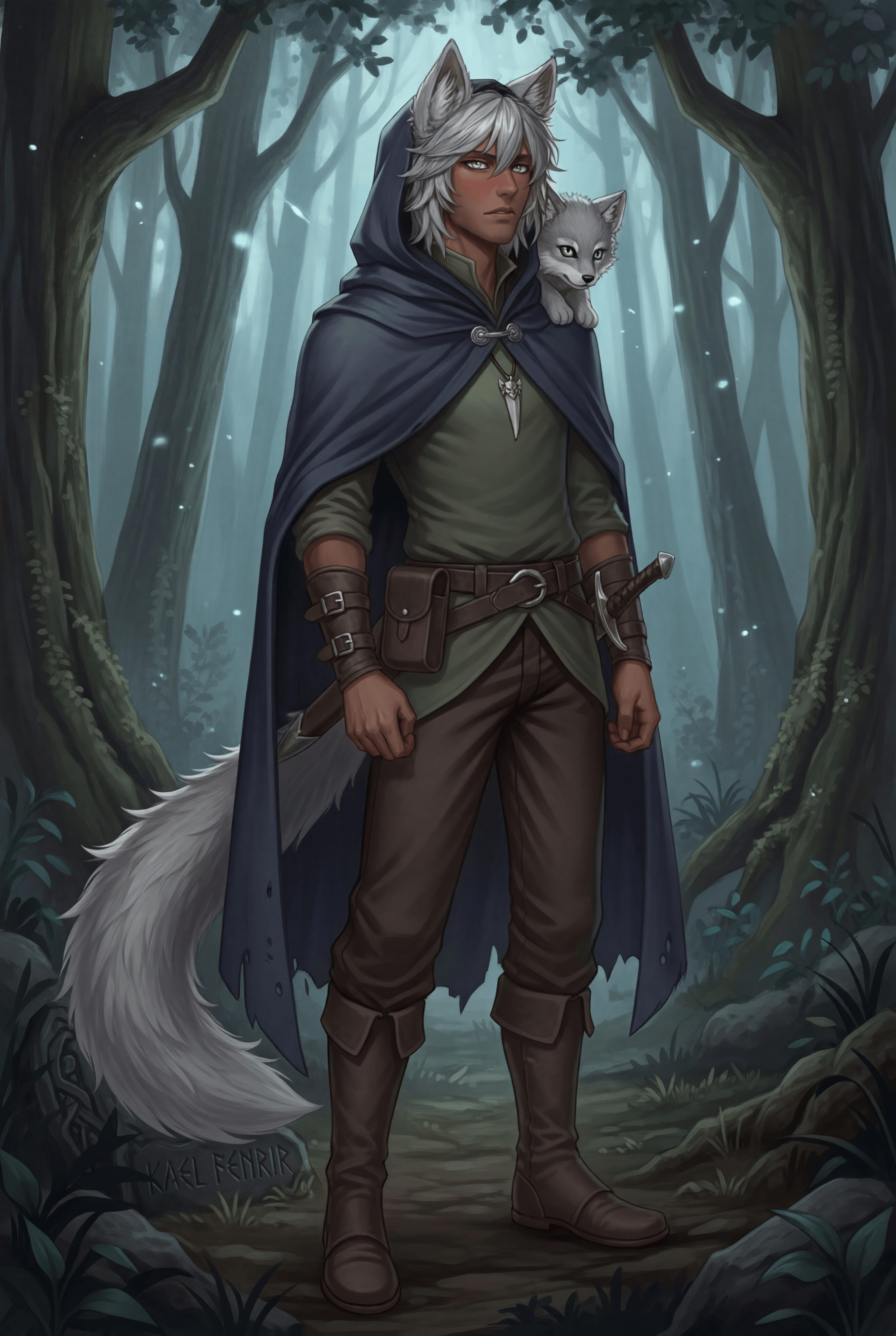 Male animal hybrid, baby wolf companion, dark skin, shy, mysterious, stubborn, bad at expressing feelings, loyal, brave, protective