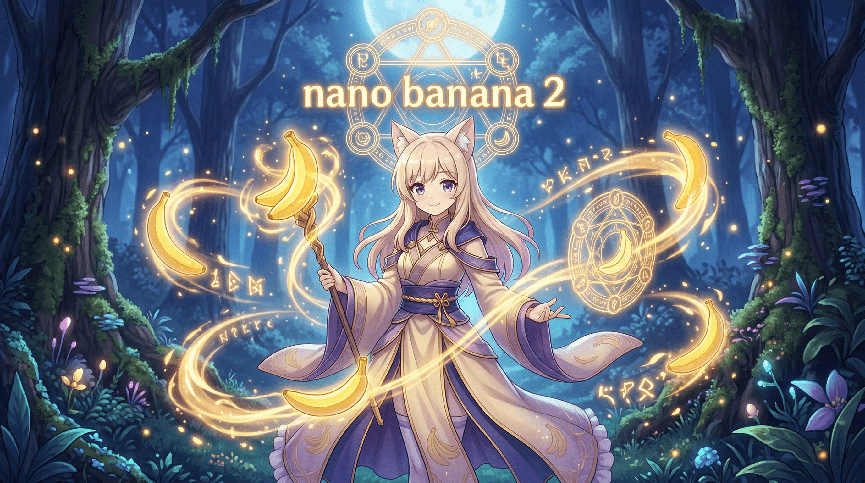 A magical fantasy scene with a cute catgirl mascot (creamy in reference) as a magical mage, wearing elegant fantasy robes with subtle banana patterns, holding a glowing banana-shaped magic staff, golden banana-shaped magic energy swirling around her.

Floating spell circles and glowing runes in the air, soft mystical lighting, dreamy atmosphere, sparkles and magical particles, fantasy forest background with soft moonlight.

The model name "nano banana 2" glowing in magical golden letters above, integrated into a floating magic circle.

Color palette of warm golden yellow, soft violet, and deep blue, ultra detailed, cinematic fantasy illustration, high resolution, 4K, visually balanced composition, professional AI model key visual.