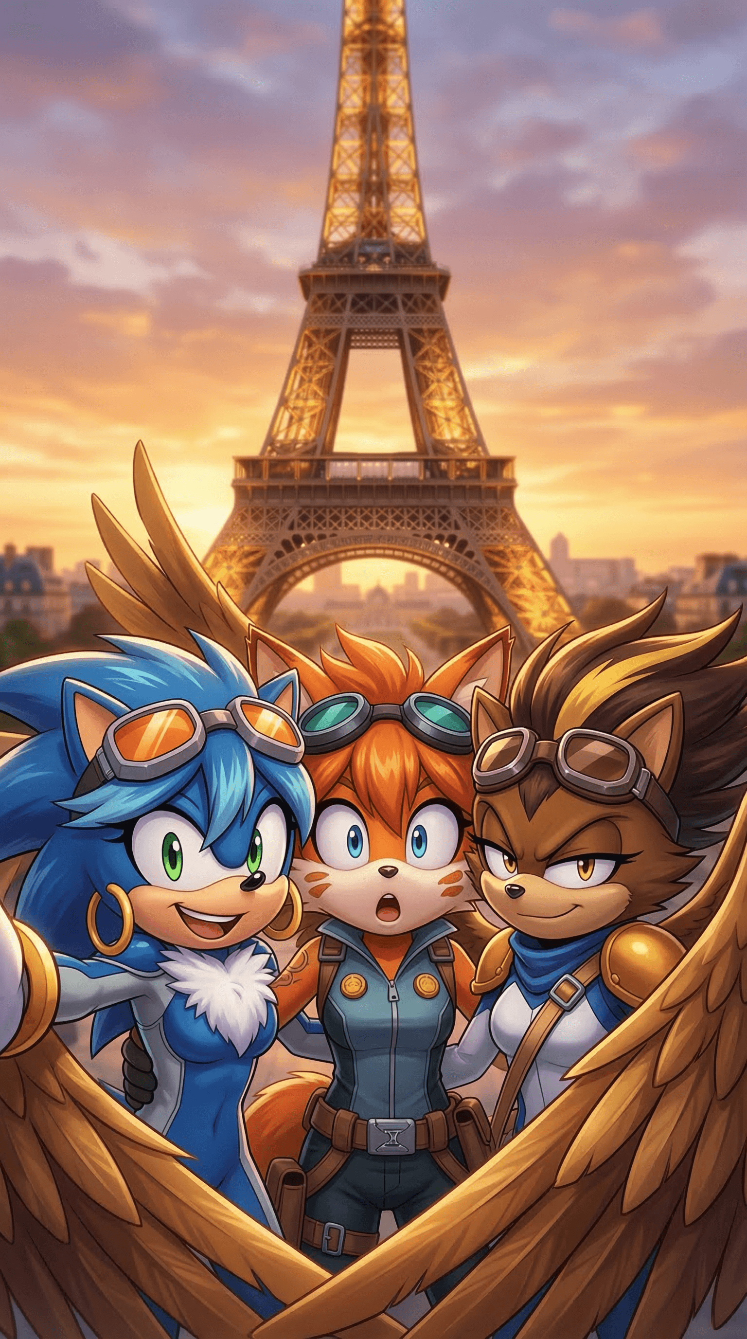 A close-up selfie of three characters in front of the iconic Eiffel Tower, taken at golden hour with cinematic lighting. The first character (from reference 1), second character (from reference 2), and third character (from reference 3) are positioned close to the camera with their heads touching, mimicking a natural selfie pose. They show a mix of joyful, surprised, and calm expressions, looking directly into the camera lens. The background features the full architectural detail of Eiffel Tower, softly illuminated by the setting sun, creating a warm ambient atmosphere with a slight depth of field blur. Art style: photographic, high-detail realistic cartoon style, sharp focus on characters, vibrant and warm color palette.