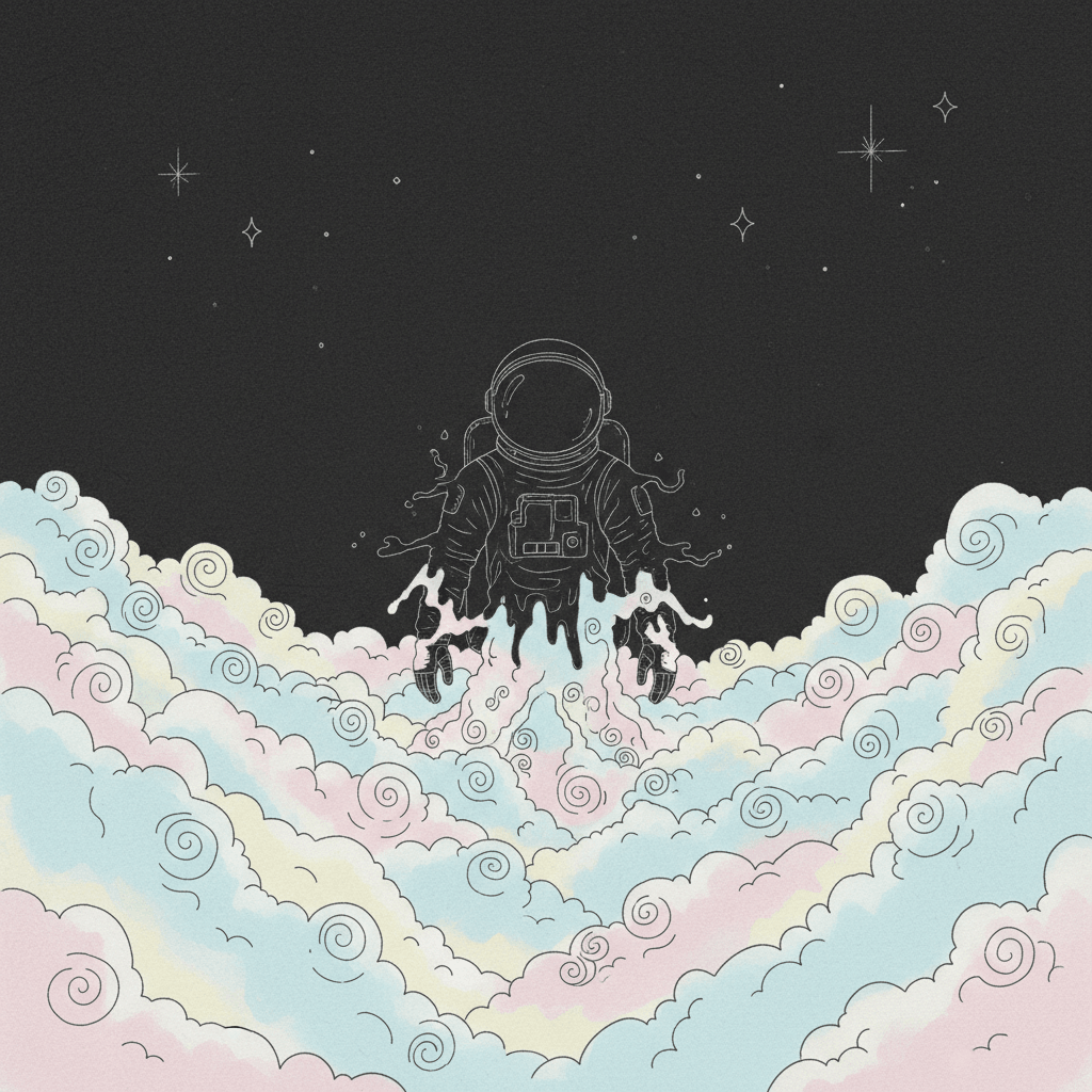 A sleepless astronaut melting on cotton candy clouds, minimalist line art style, Rembrandt lighting