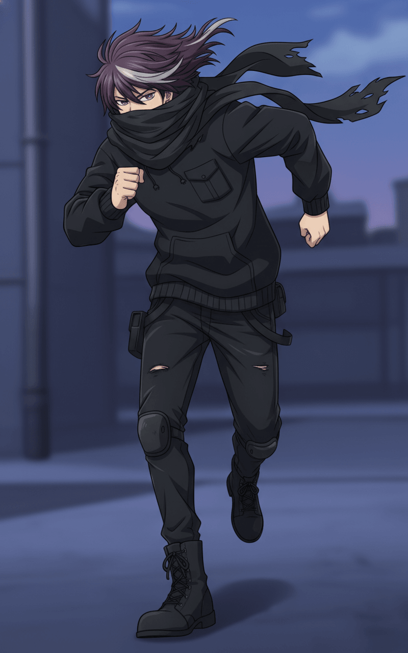 Adult tall man, shoulder-length dark purple hair with grey streaks, dark pink eyes. Wearing a large black scarf covering the lower face like a bandana, faded black hoodie, and worn-out black pants.