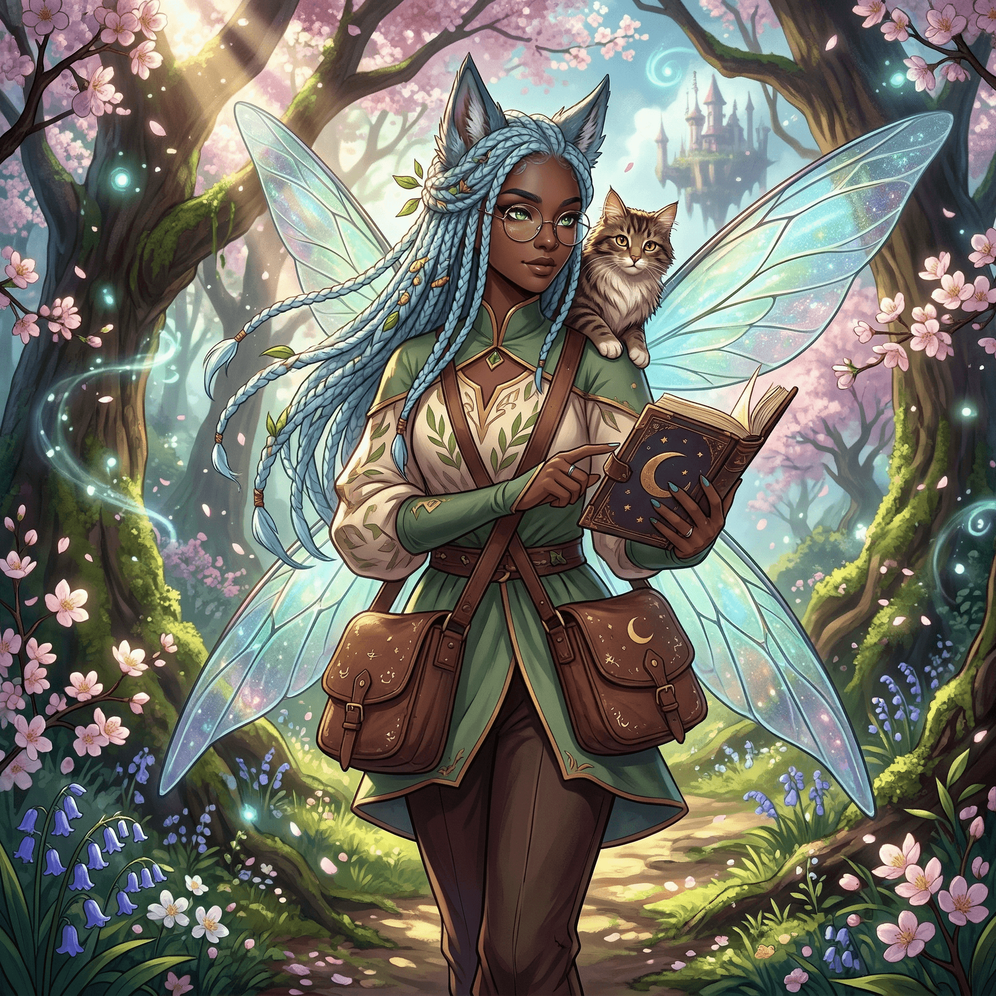 Fairy wolf hybrid, with light blue knotless braids, dark skin tone, glasses, book in hand, confident and mysterious, spring clothes palette, tall and skinny, cat companion, celestial, with wings, green eyes, satchel