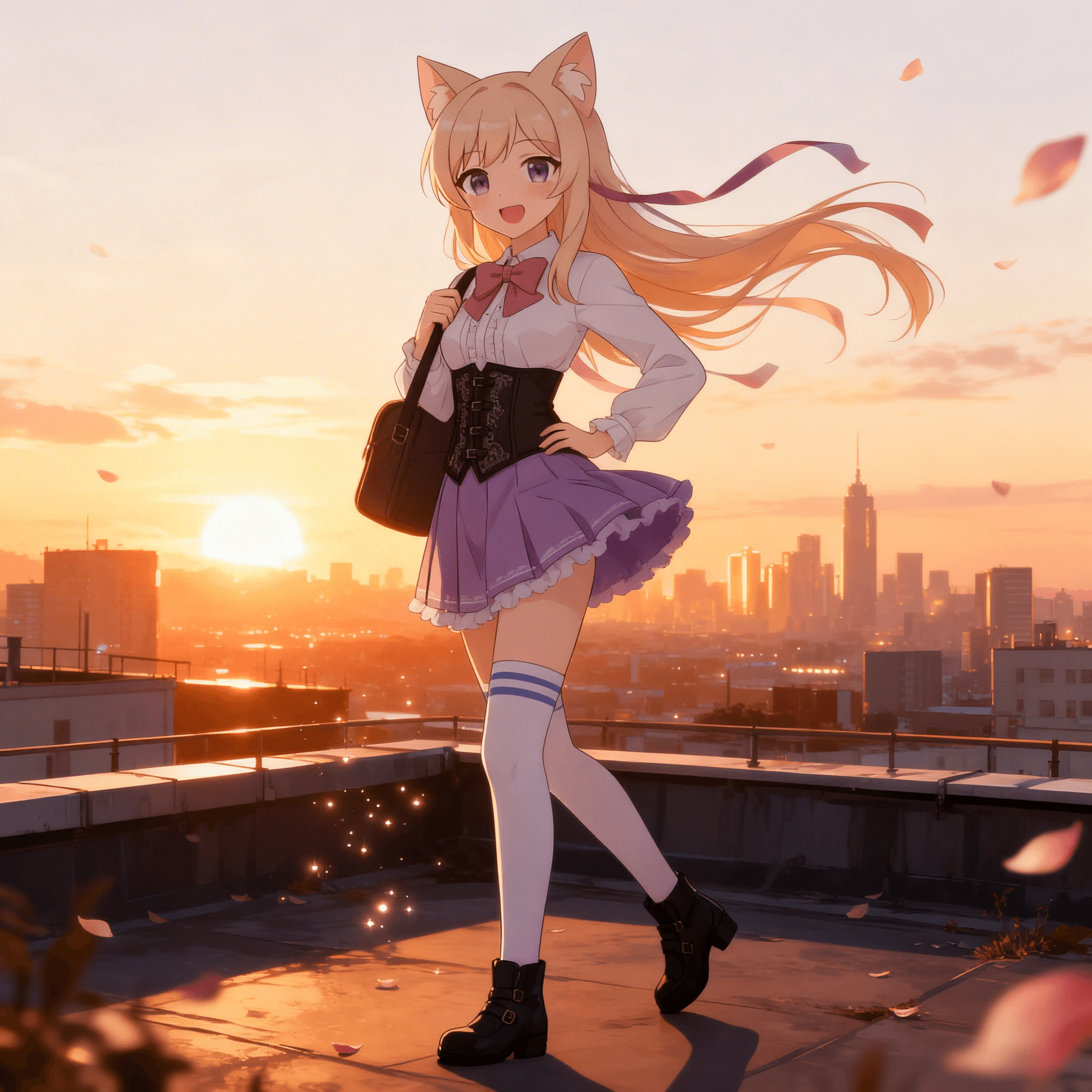 a confident school girl on a rooftop at sunset, long hair and ribbon lifted by wind, one hand holding a school bag strap, city skyline glowing in the distance, floating petals and tiny light particles around her, warm golden-hour lighting, three-quarter portrait framing, clear emotional expression, elegant pose, bright and clean details.