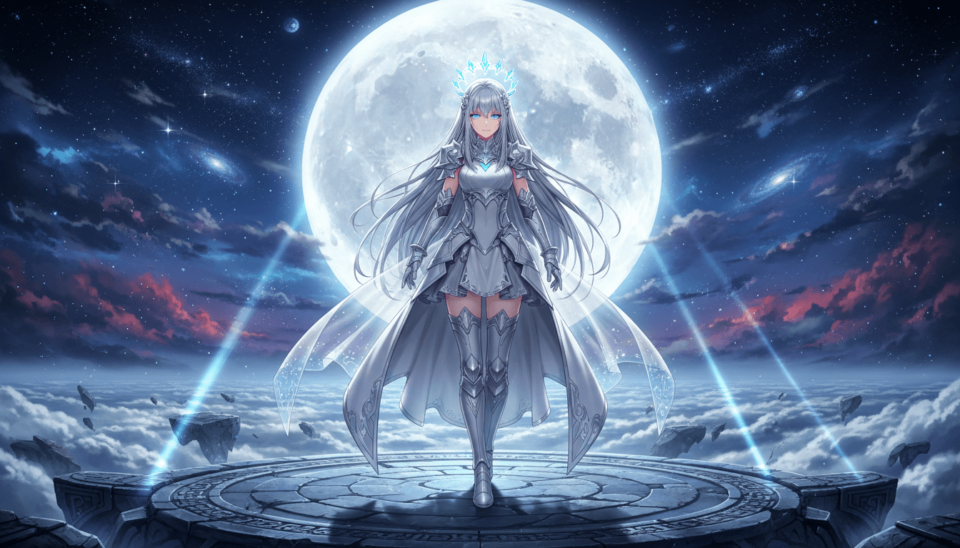 A young female celestial warrior standing on a colossal floating stone platform above a sea of clouds at night. 
Long silver hair flowing down to her waist, glowing blue eyes, calm and determined expression. 
Wearing a white and silver armored dress with elegant metallic details, flowing translucent cape, silver gauntlets and knee-high armored boots. 
A radiant crystal crown floating slightly above her head. 
Behind her, a massive glowing moon and a vast star-filled sky with nebula clouds. 
Epic fantasy atmosphere, ultra detailed, cinematic lighting, volumetric moonlight beams, dramatic scale, anime-inspired high detail illustration.