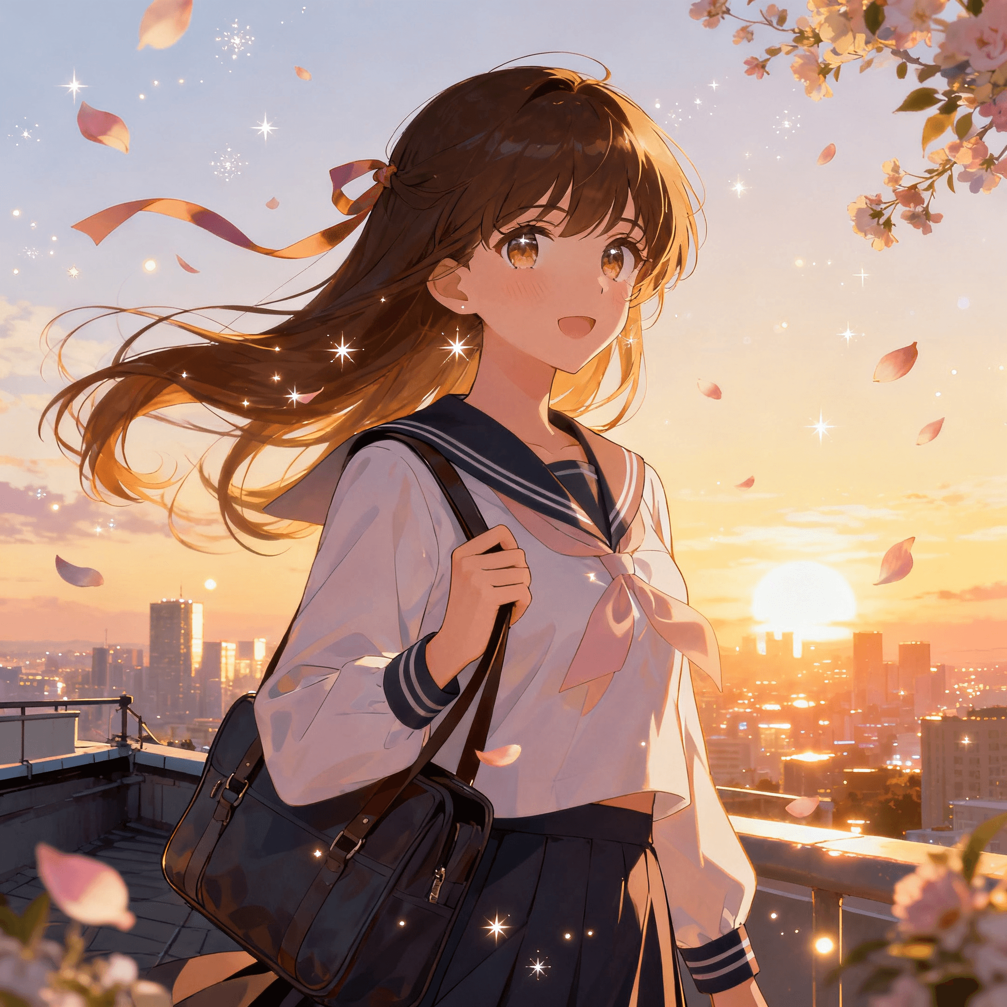 a confident school girl on a rooftop at sunset, long hair and ribbon lifted by wind, one hand holding a school bag strap, city skyline glowing in the distance, floating petals and tiny light particles around her, warm golden-hour lighting, three-quarter portrait framing, clear emotional expression, elegant pose, bright and clean details