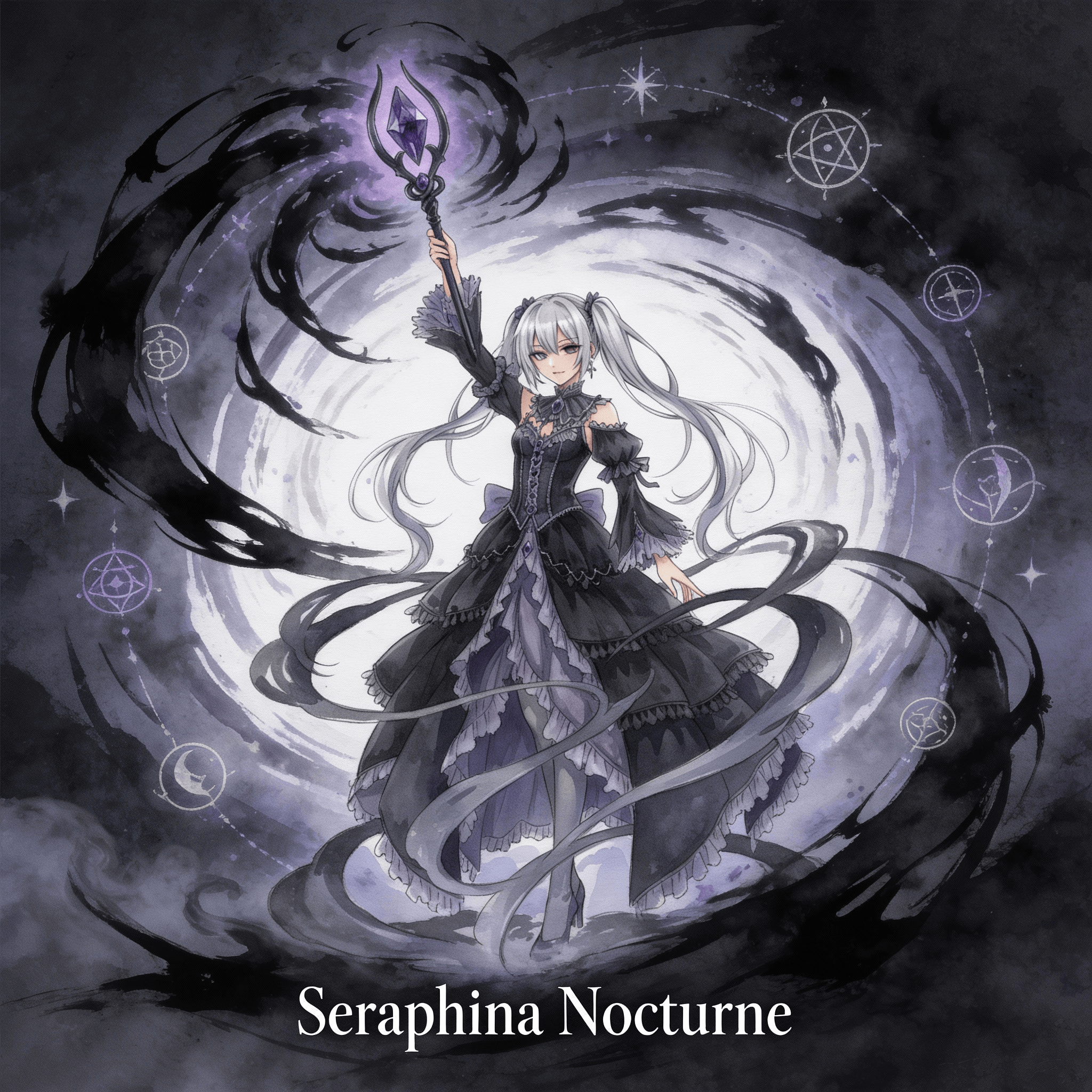 The magical girl stands at the center of a swirling vortex of shadows. She raises a dark crystal scepter high, unleashing a torrent of shadowy energy that spirals around her, illuminating her determined face with a mysterious purple glow. The background is filled with floating magical runes and dark mist, emphasizing the immense power she wields.