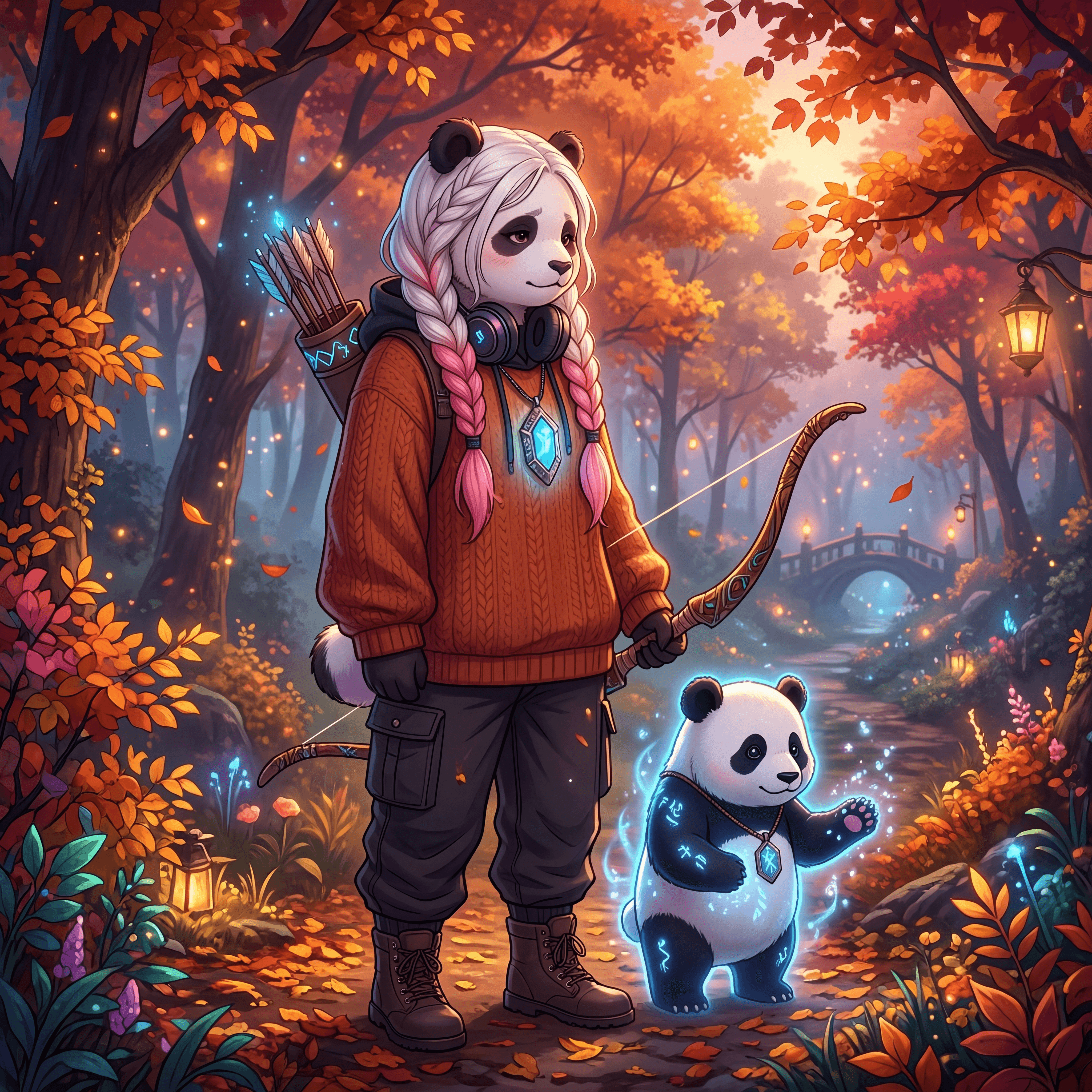 Animal panda hybrid, with white knotless braids and pink ends, shy, mysterious, magical, knows archery, headphones around the neck, autumn clothes oversized, stubborn, a mysterious pendant, panda companion who can also use magic, loyal, stubborn, protective