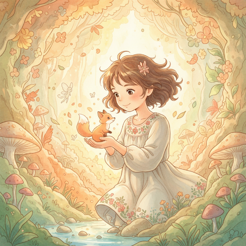 A whimsical, pastel-colored illustration of a young girl with short, wavy brown hair, wearing a white dress embroidered with floral patterns, kneeling by a gentle stream in an enchanting forest. She is holding a cute, small fox in her hands, surrounded by oversized mushrooms, lush greenery, and delicate flowers. Soft sunlight filters through the trees, creating a magical, dreamy atmosphere. A tiny fairy floats nearby, adding to the fantasy vibe. The overall style is gentle, storybook-like, and filled with warm, earthy tones.