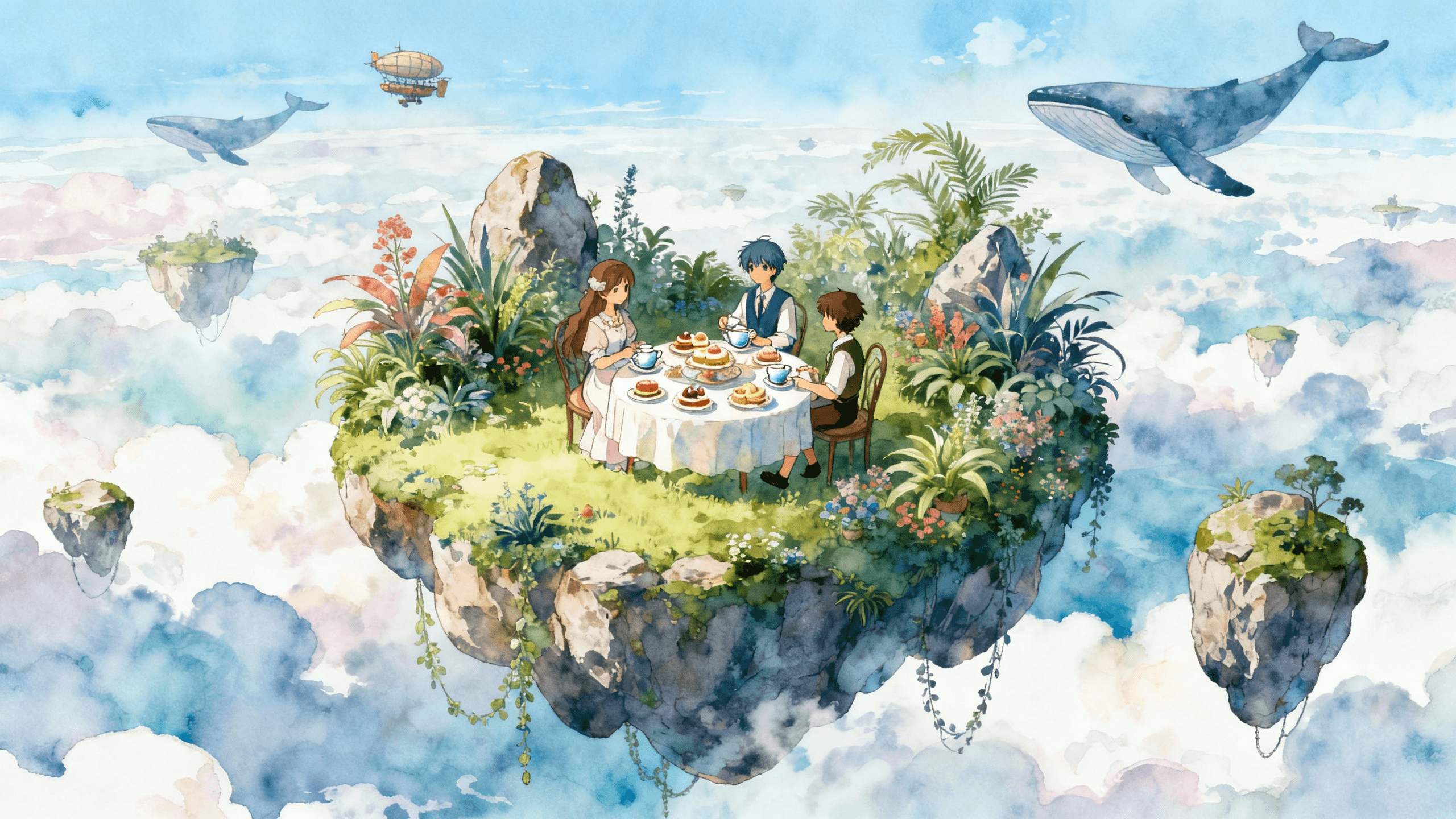 A floating island in the clouds, adorned with exotic plants and suspended rocks. The protagonist and his friends hold a tea party in the garden at the island's center, the table laden with exquisite pastries and tea sets. Whales and small airships soar in the sky, and other islands are faintly visible in the distant clouds, creating a dreamlike and serene scene.