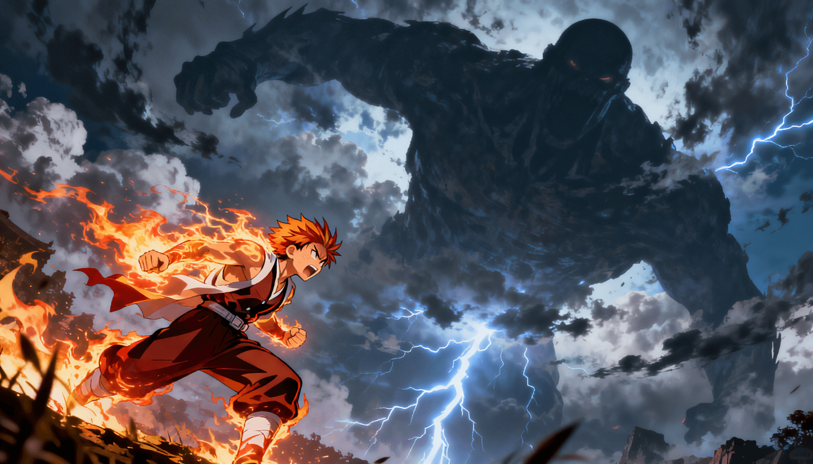 Epic anime-style key art depicting a lone hero facing a massive unknown threat, gigantic shadow looming in the sky, lightning and storm clouds, fiery aura around the protagonist, intense emotions, sense of impending battle and destiny, overwhelming scale and grandeur, dynamic action pose, high-detail anime illustration, battle shonen manga promotion, cinematic lighting, ultra sharp, masterpiece quality