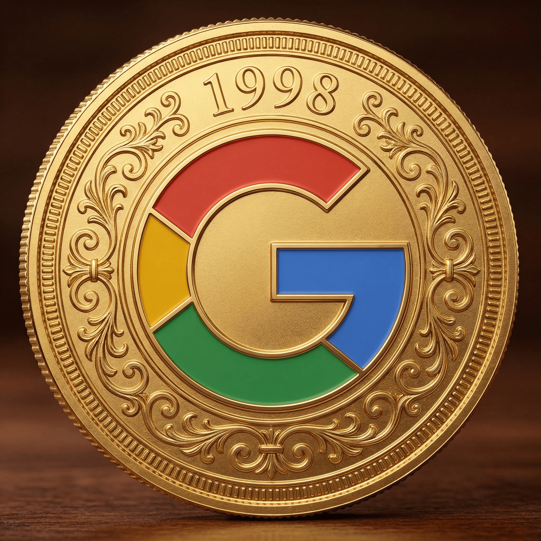 A high-resolution photograph of a gold coin featuring the Google logo at the center, based on the provided reference image. The coin should have the year 1998 engraved at the top. Include finely detailed engravings, ornamental border patterns, and authentic coin textures like reeded edges, matte and polished gold surfaces, sharp relief, and realistic studio lighting with soft reflections.