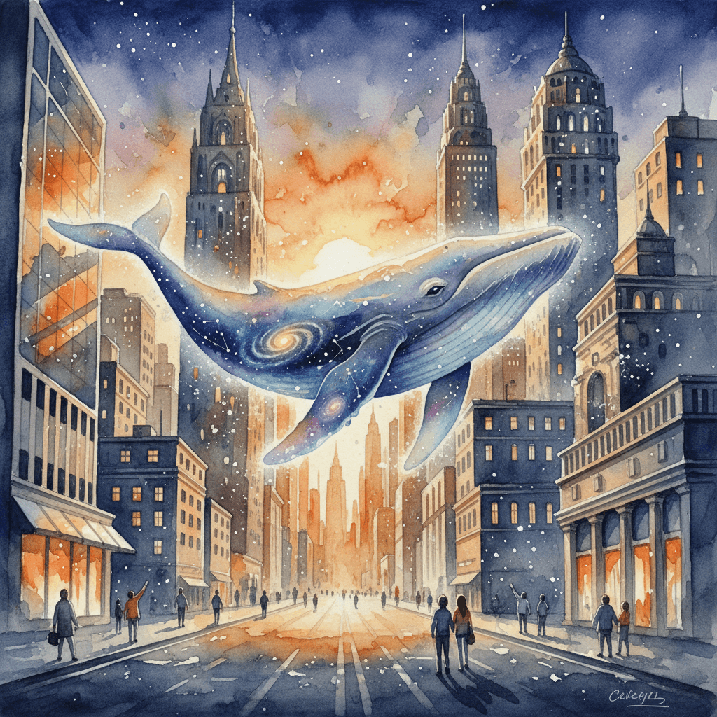 A cosmic whale swimming through city streets at sunset, watercolor style, ethereal glow