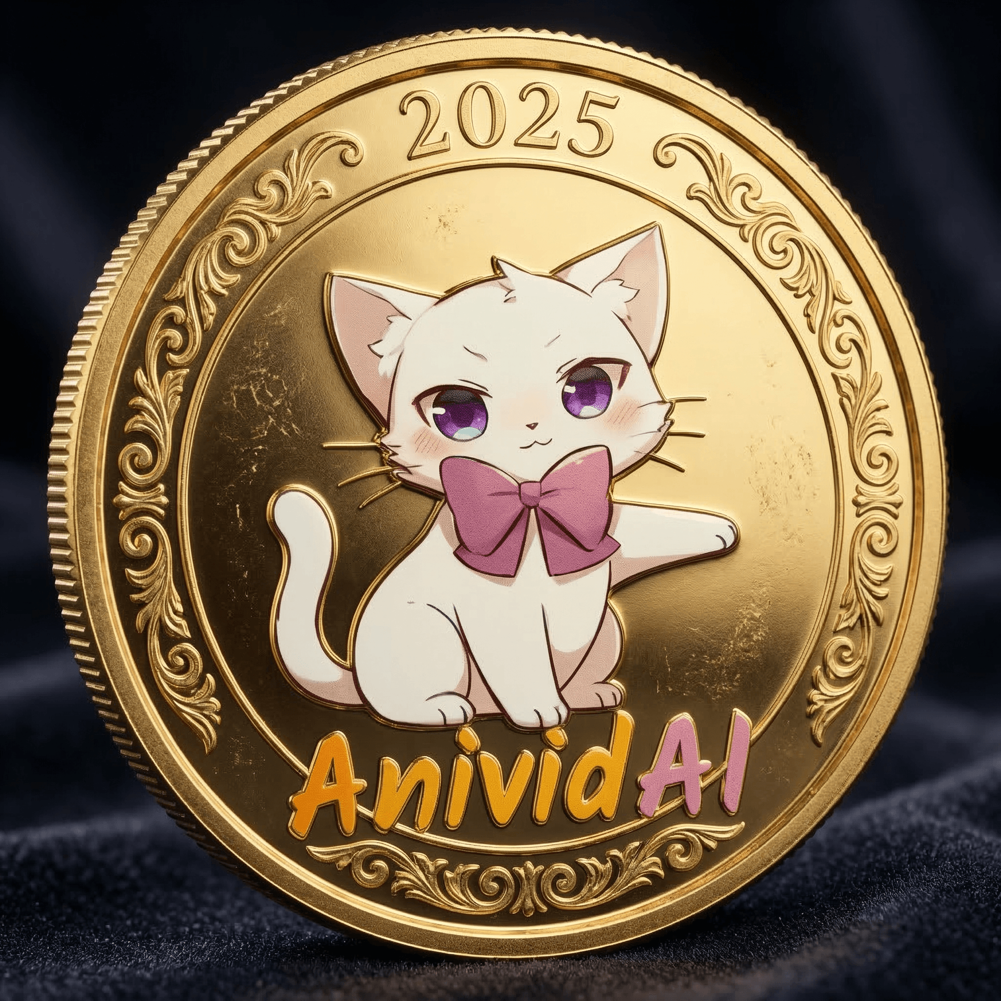 A high-resolution photograph of a gold coin featuring the AnividAI logo at the center, based on the provided reference image. The coin should have the year 2025 engraved at the top. Include finely detailed engravings, ornamental border patterns, and authentic coin textures like reeded edges, matte and polished gold surfaces, sharp relief, and realistic studio lighting with soft reflections.