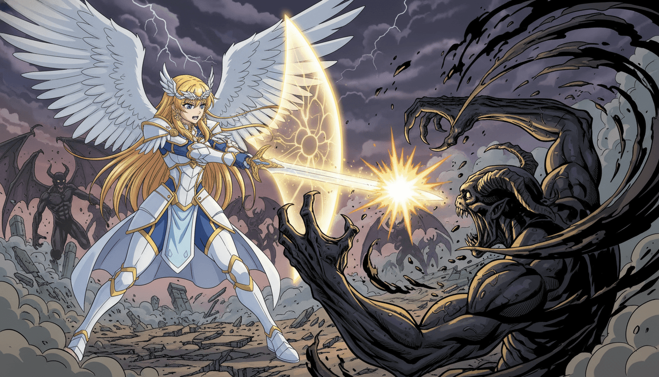 Larriel in battle against demons.Holy sword clashes with demonic claws, golden light bursts against swirling shadows, shattered ground and stormy skies, angelic wings shield allies as dark energy recoils.