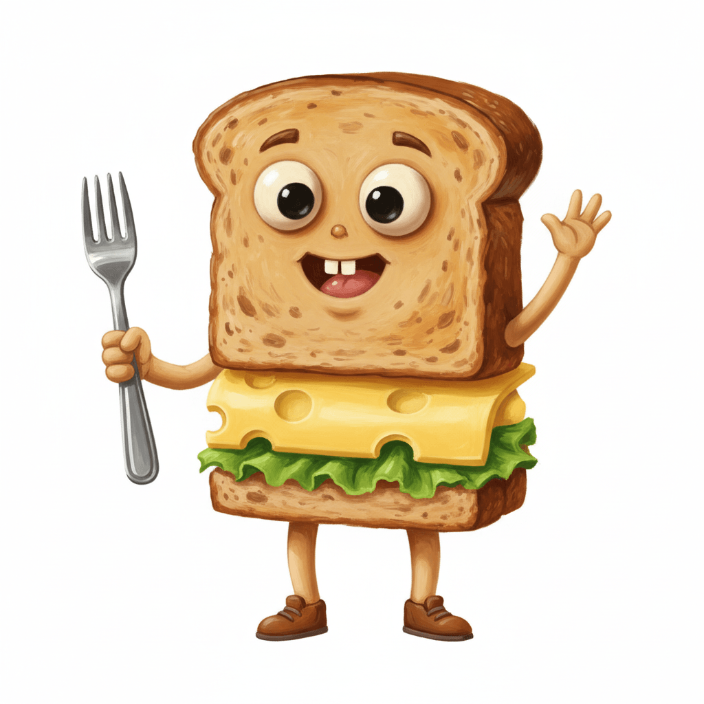 cute caricature A cheerful, anthropomorphic sandwich figure. The sandwich has a rectangular slice of toasted whole-grain bread as its head, with large, expressive googly eyes and a broad, mischievous grin with two small square teeth and a slice of salami acting as a tongue. The figure has small, slender arms and legs made of a light, skin-colored material and wears small brown shoes. In its left hand it holds a fork made of polished stainless steel, in a cheerful gesture it raises its right arm. The body of the figure consists of a layer of yellow cheese and a layer of fresh green salads, nestled between two slices of toasted bread Rendering in Native 4K. oil painting, white background