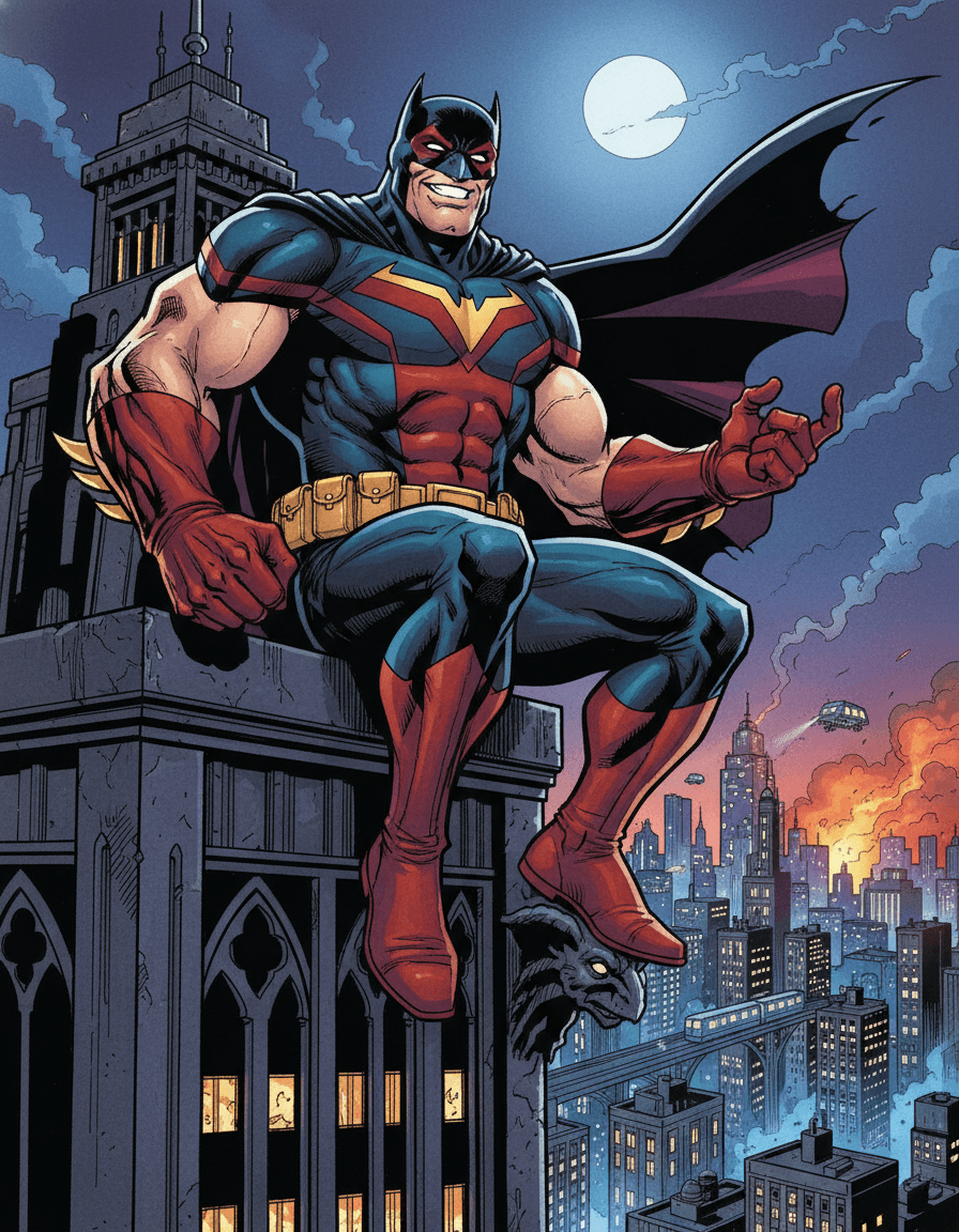 A masked vigilante standing on a rooftop at night, overlooking the city with a outgoing expression