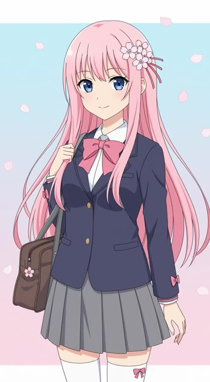 Cherry blossom petals gently drift through the air, swirling around as the soft spring sunlight filters through the branches. The scene transitions from wide shots of a school courtyard blanketed in pink petals to close-ups of cherry blossoms in full bloom, their delicate petals shimmering in the light. Students in uniform gather under the trees, exchanging graduation letters and sharing heartfelt farewells. The camera pans across the fluttering petals, capturing the emotional atmosphere of the season. Slow-motion shots highlight petals landing on shoulders and school bags, while the background is filled with laughter, gentle breezes, and the distant sound of a school bell. The overall mood is nostalgic and cinematic, evoking the bittersweet beauty of graduation under the cherry blossoms.